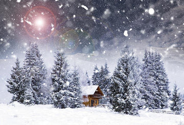 Christmas Trees Forest Small House Background for Decoration Backdrop IBD-24176 - iBACKDROP-chr, chri, chris, christ, christm, Christmas Backdrops, Christmas Background, christmas tree, forest, New Arrivals, photography backdrops, white